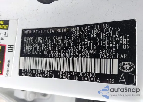 2015 Toyota Corolla S Plus из США, поврежденный, VIN 2T1BURHE8FC338584